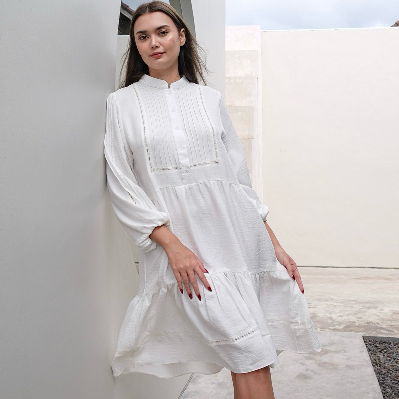 Posh & Lace || Charlotte Midi Dress - Longsleeve Babydoll Terusan Putih Wanita Tunik Lebaran