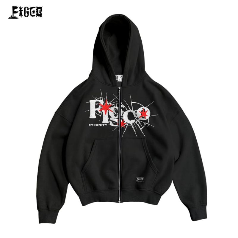Hoodie Double Zipper Boxy | Figco | Two way hitam | Hoodie Boxy | Hoodie Boxy Oversize