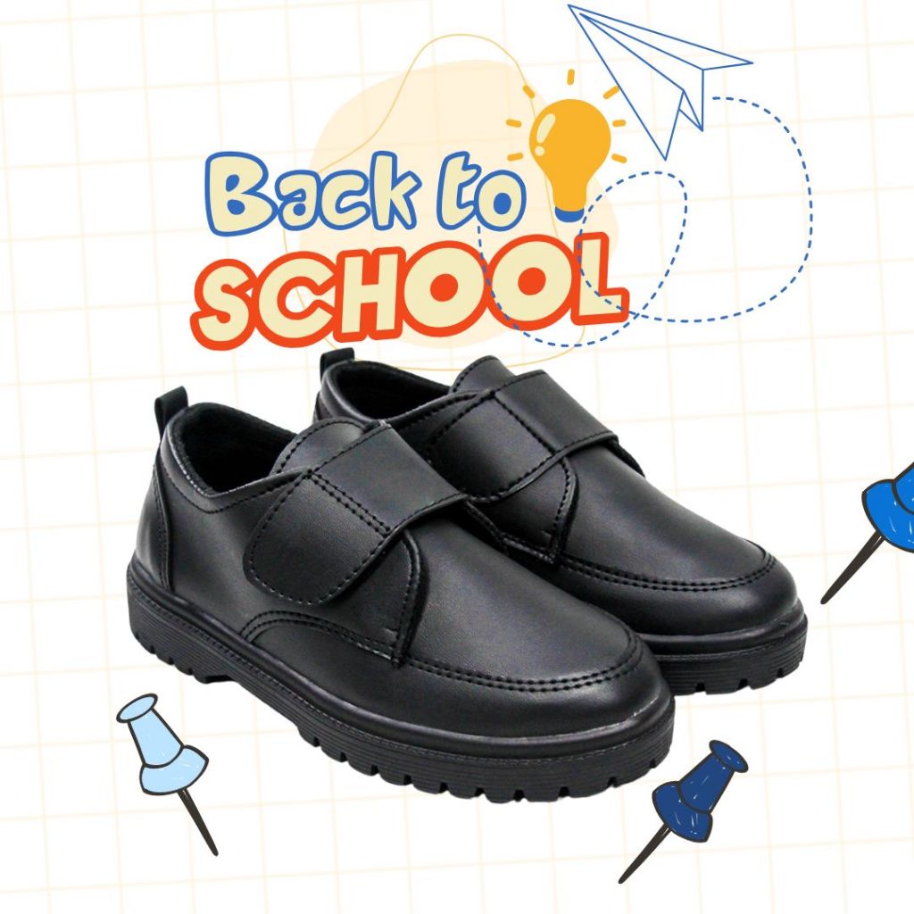 Sepatu Anak Sekolah Hitam Laki Laki Perempuan Unisex Sneakers Kulit Hitam Anak Tanpa Tali Sepatu Sek