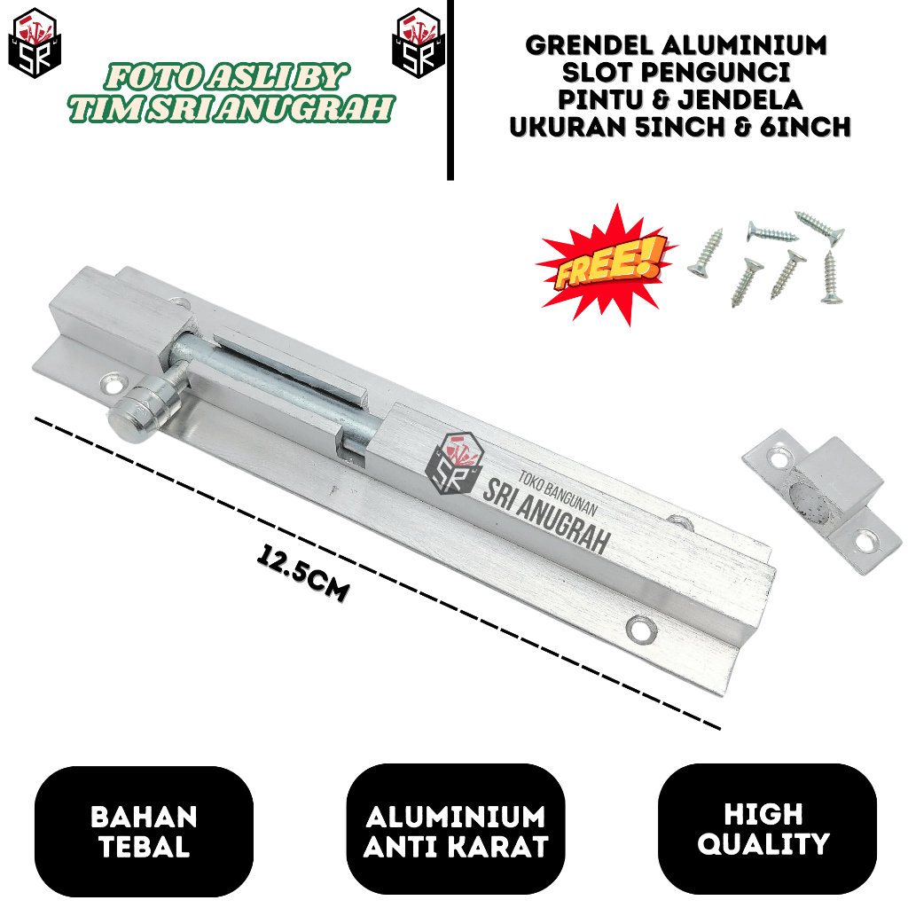 Grendel Slot Pintu Aluminium Tebal Anti Karat Pengunci Pintu 5inch & 6inch