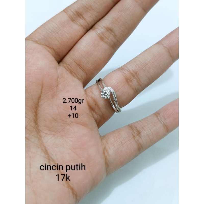 cincin emas putih Solitaire permata 17k