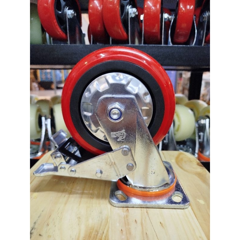 RKS - RODA 6 INCHI PU MERAH HEAVY DUTY + DOUBLE BEARING CASTER TROLI 6 INCHI HIDUP MATI REM