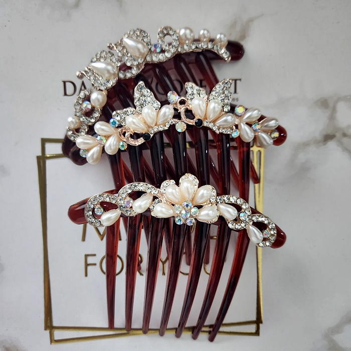 sirkam sanggul rambut mutiara korea gigi 7 jari coklat tusuk konde modern simpel warna cokelat pearl