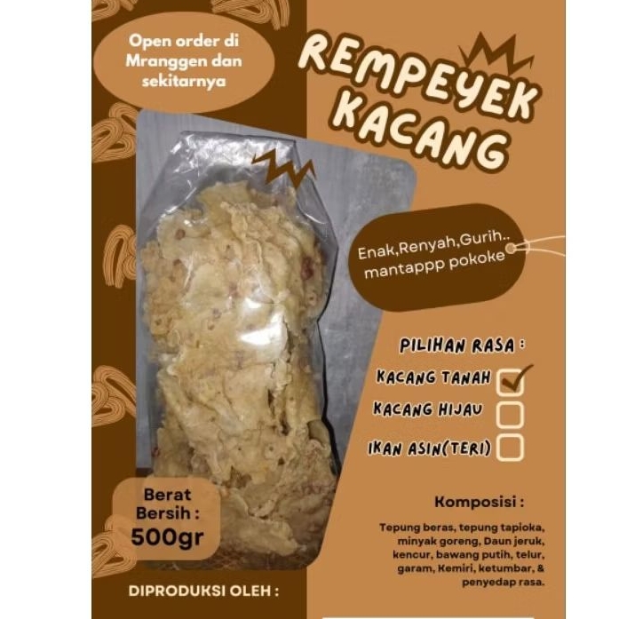 

Rempeyek/Peyek Kacang Tanah (Brol), Kacang Hijau, Ikan Asin (Gereh) - Renyah & Gurih (500gr)