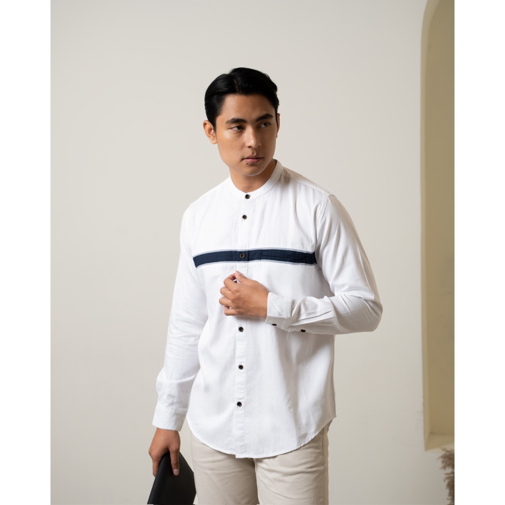 Velmor | SAIF - Kemeja Koko Kemko Putih dengan List Denim Cotton Soft Lengan Panjang
