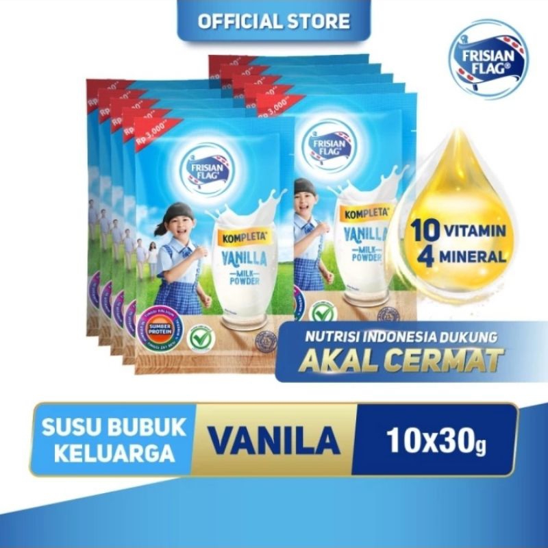 

frisian flag susu bubuk kompleta rasa vanilla 35 gram isi 10 pcs