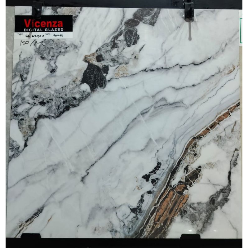 GRANITE MERK VICENZA KODE GL6290A UKURAN 60x60 PERMUKAAN TEKSTURE GLOSSY MOTIF CORAK PUTIH MARMER