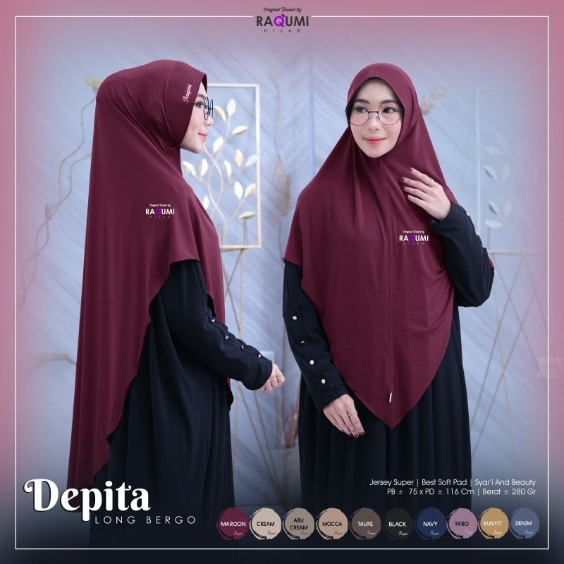 DEPITA LONG BERGO, JILBAB JERSEY SUPER ADEM DAN NYAMAN, BEST SOFT PAD, JILBAB SYAR'I DAN ELEGAN, COC