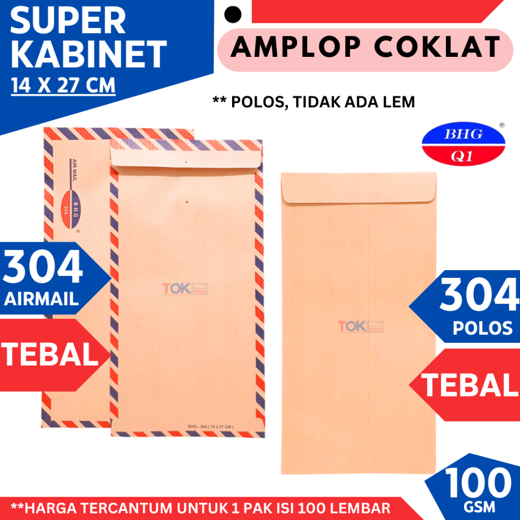 

Amplop Coklat Tebal Super Kabinet 304 14 x 27 cm 100 gsm isi 100 lembar / polos / airmail