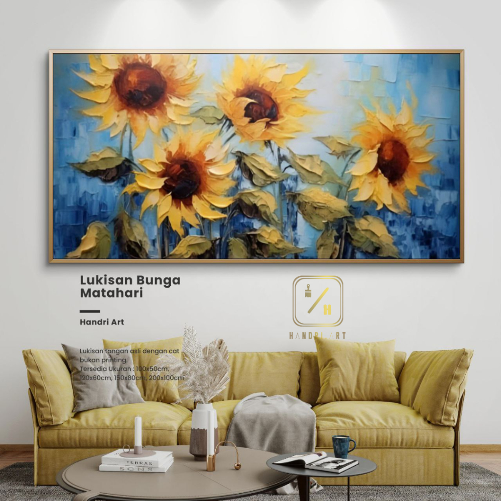 lukisan bunga matahari latar biru cantik hiasan dinding 100% lukisan tangan asli / lukisan bunga mat