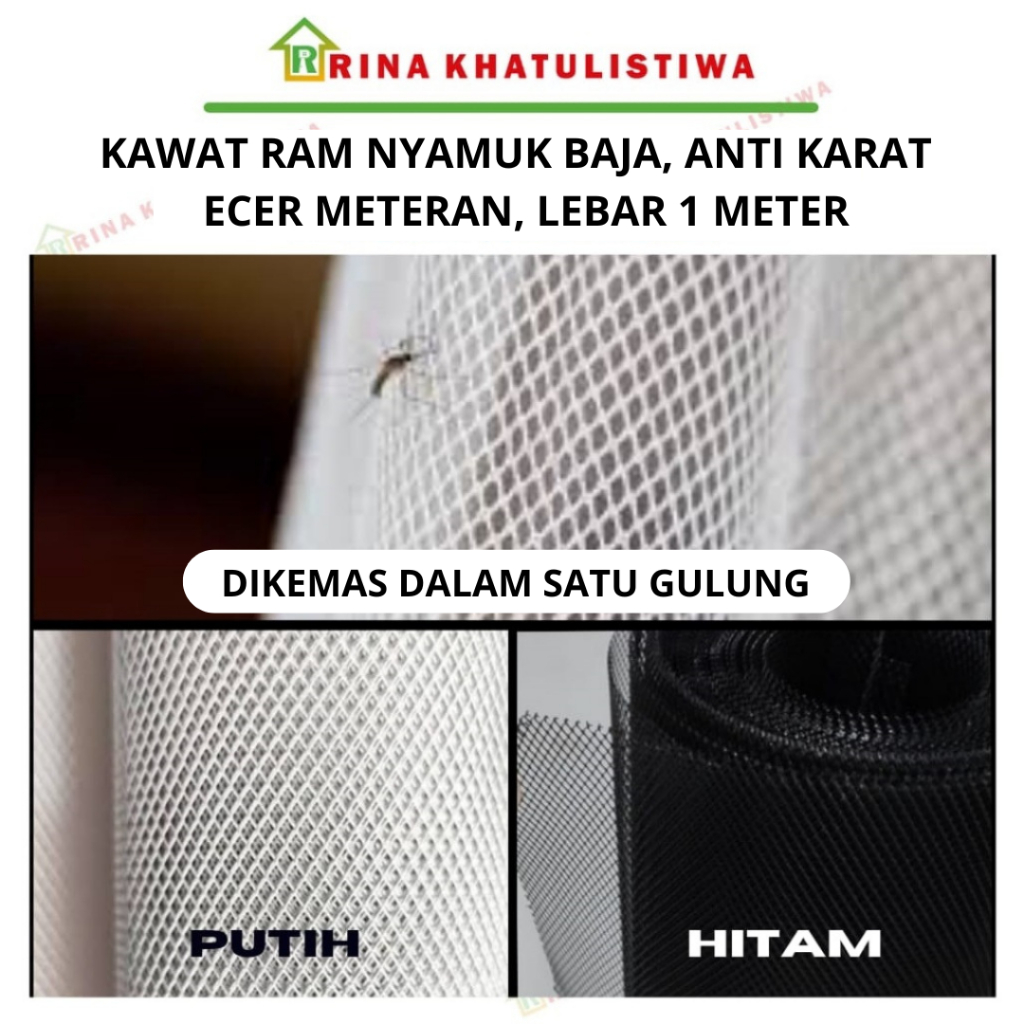 Ram Nyamuk Baja Anti Karat Ecer Meteran Lebar Kwat 1 meter Warna Putih Dan Hitam | Kawat Nyamuk Baja