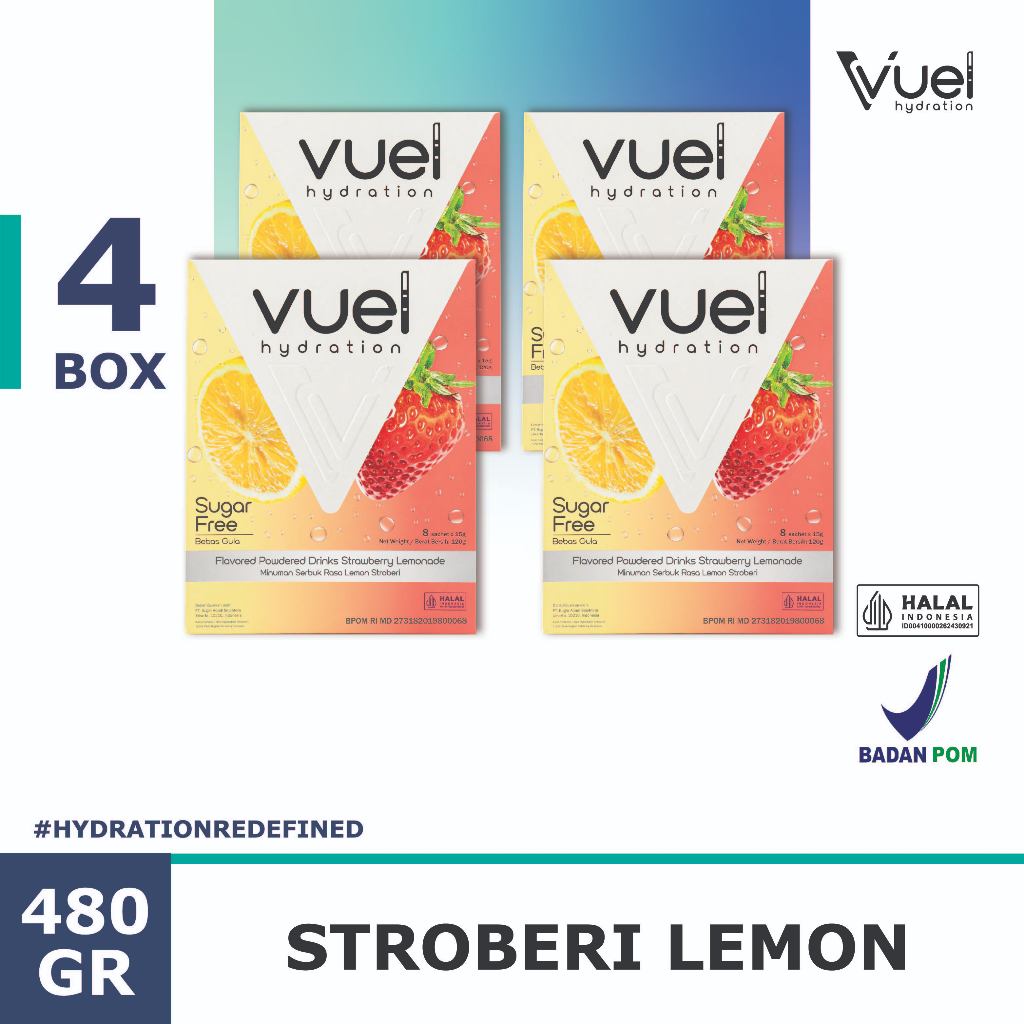 

Vuel Hydration Electrolytes Drink Mix - Strawberry Lemonade - 32 Sachets/480gr/4 Box