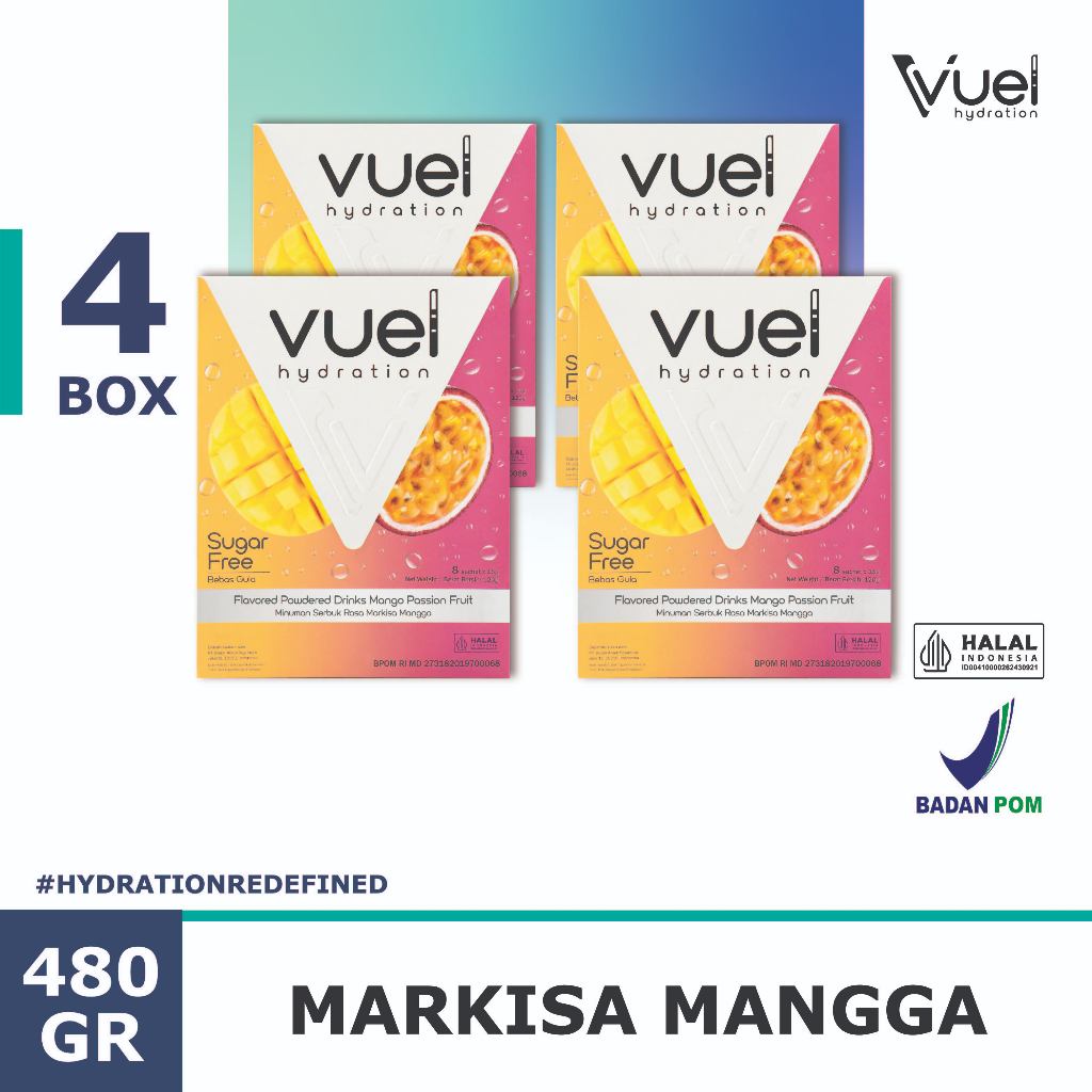 

Vuel Hydration Electrolytes Drink Mix - Mango Passion Fruit - 32 Sachets/480gr/4 Box