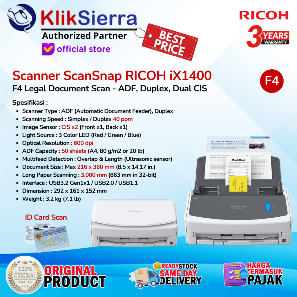 Scanner Fujitsu ScanSnap IX1400 40ppm ADF Ricoh IX-1400 Garansi Resmi
