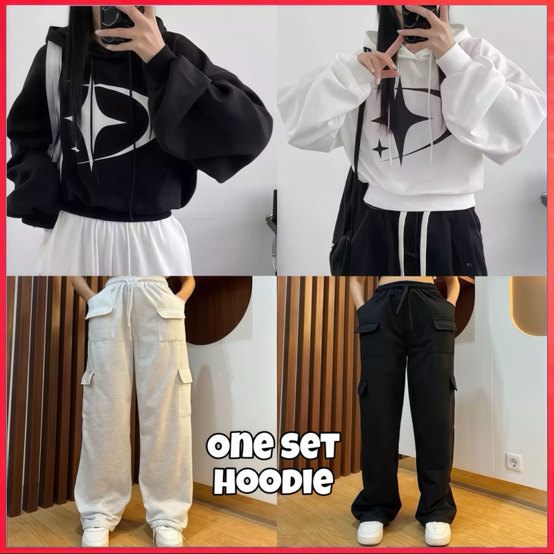 PARIROO ONESET LITTLE MOON STAR HOODIE DAN CELANA CARGO JOOLY / ONESET WANITA TERBARU 2024 / ONESET 