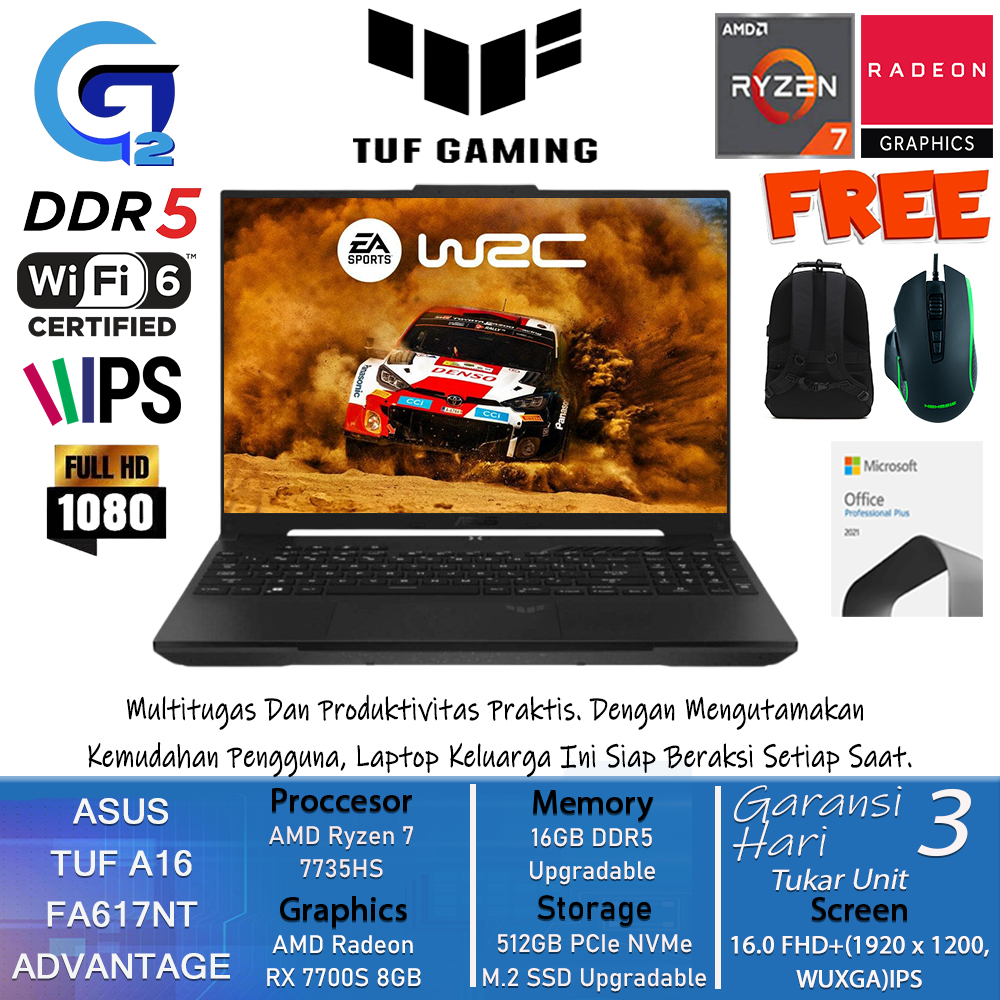 Laptop Gaming Asus TUF A16 FA617NT ADVANTAGE Amd Ryzen 7 7735HS 16GB DDR5 512GB RX 7700S-8GB 16.0 WU
