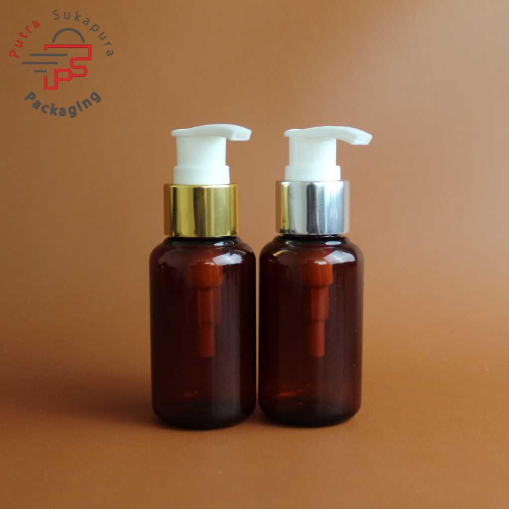 Botol pump 60ml tubular coklat / botol lotation pump pompa 60ml amber tutup pump alumunium