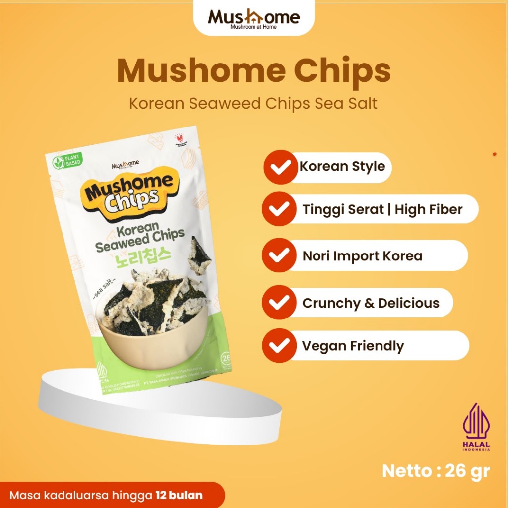 

Keripik Korean Seaweed Rasa Sea Salt - Mushome Chips - Kaya Serat & Sumber Protein - Gluten Free