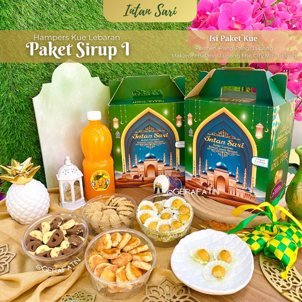 

PROMO!! PAKET KUE LEBARAN PARCEL KUE KERING INTAN SARI PAKET SIRUP 1 + 4 KUE