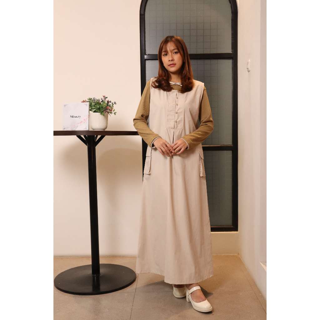 Missty Freeteen Gamis Dress Wanita Warna Cokelat Muda Inner Cokelat One Set Bahan Katun Kualitas Pre