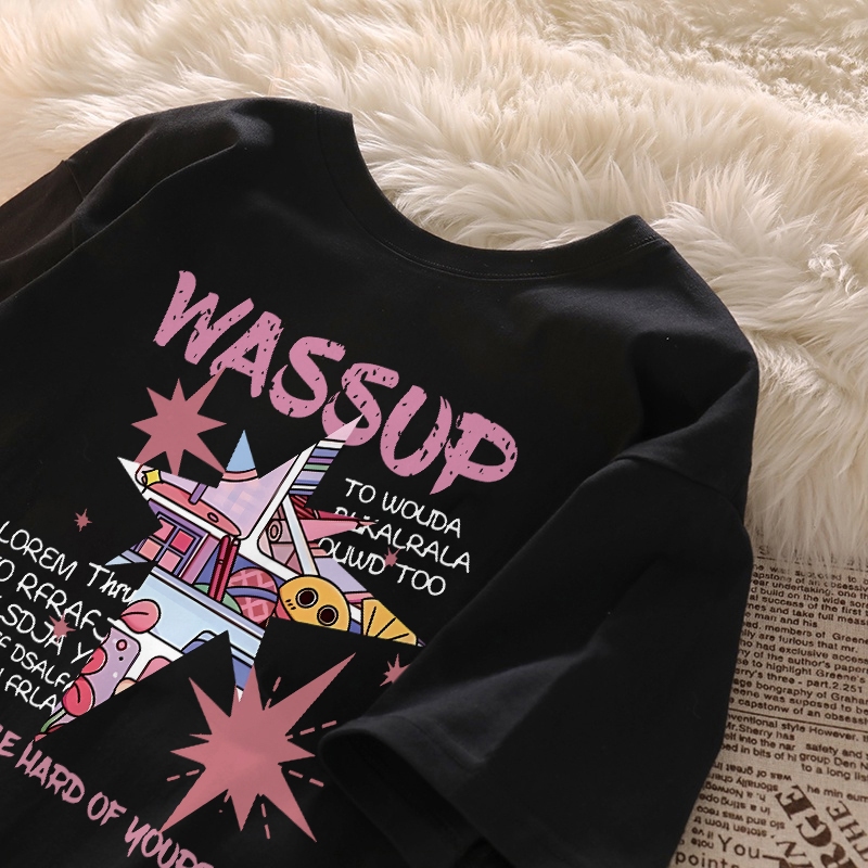 Sezo. Baju Wanita Kaos Bermotif Bintang Merah Muda Baju Kaos Oversize Wanita Korean 100%Cotton | Kao