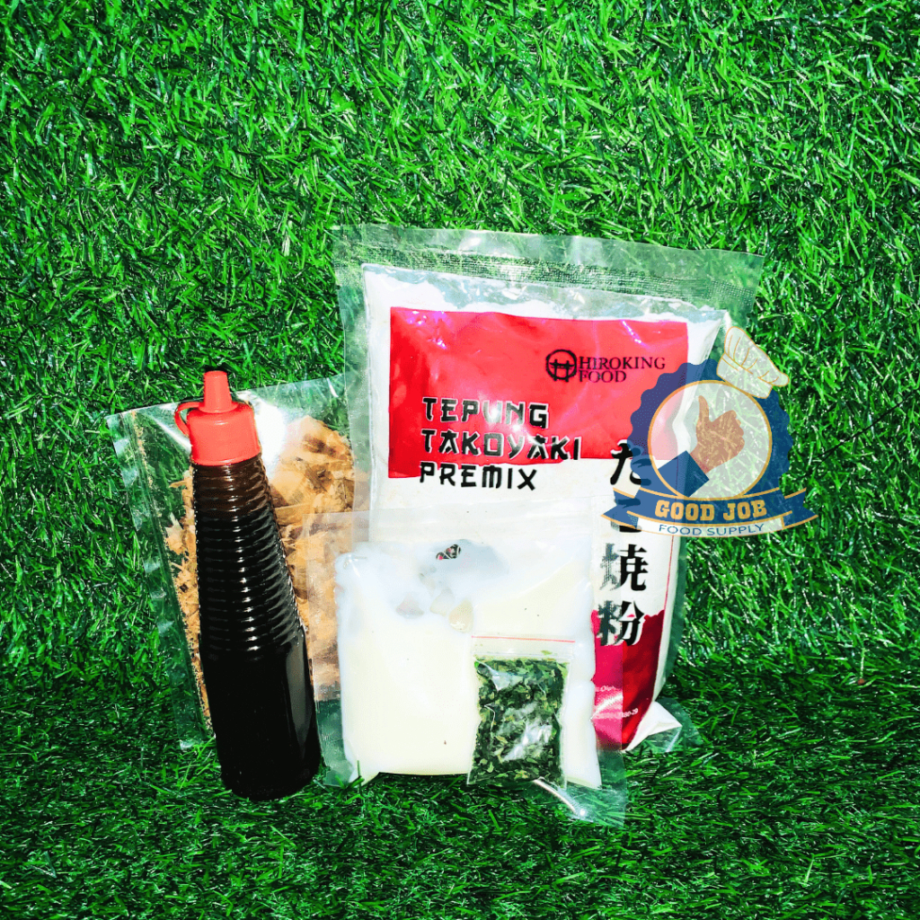 

PAKET BAHAN TAKOYAKI LENGKAP 50 Butir Halal │ Tepung, Katsuobushi, Saus Takoyaki, Aonori__