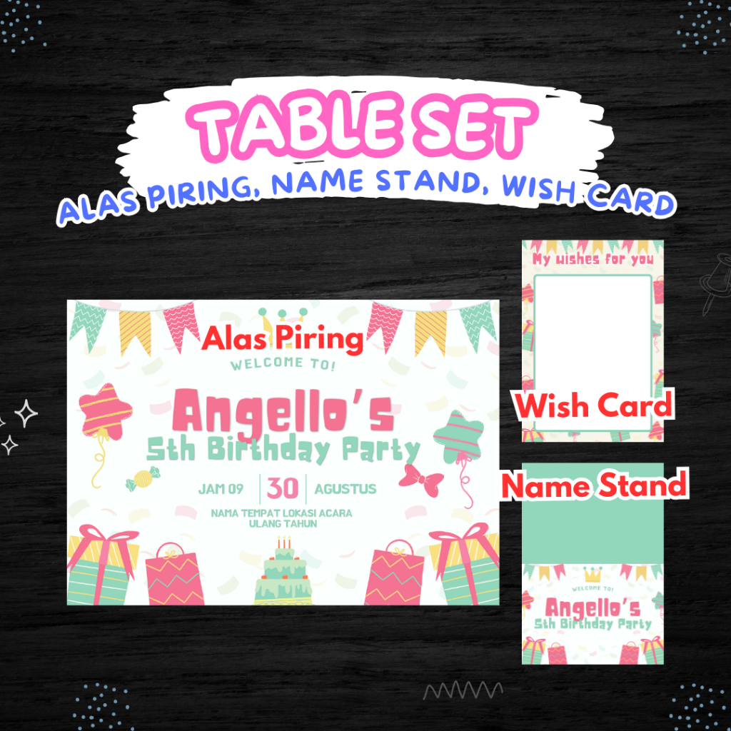 Table set aksesoris dekor meja alas meja name stand baby shower pink floral sweet seventeen birthday