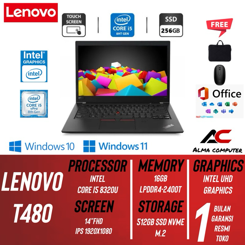 Lenovo Thinkpad T410 T420 T430 T440 T450 T460 T460s T470 Core i5  Ram 8GB Ssd 256GB 14" Win 10 Mulus