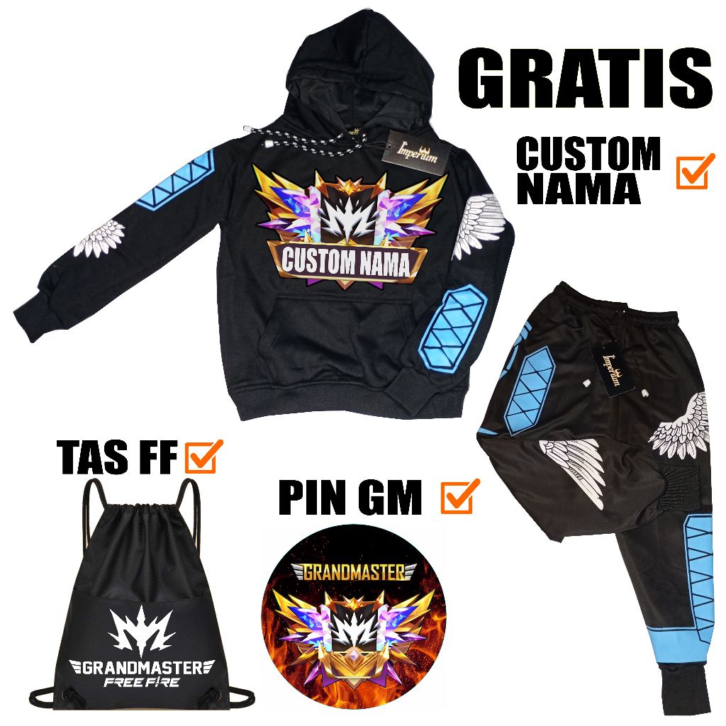 Setelan Celana Angel Biru Joger Free Fire Anak dan Baju Switer FF Grandmaster Usia 6-14 Tahun