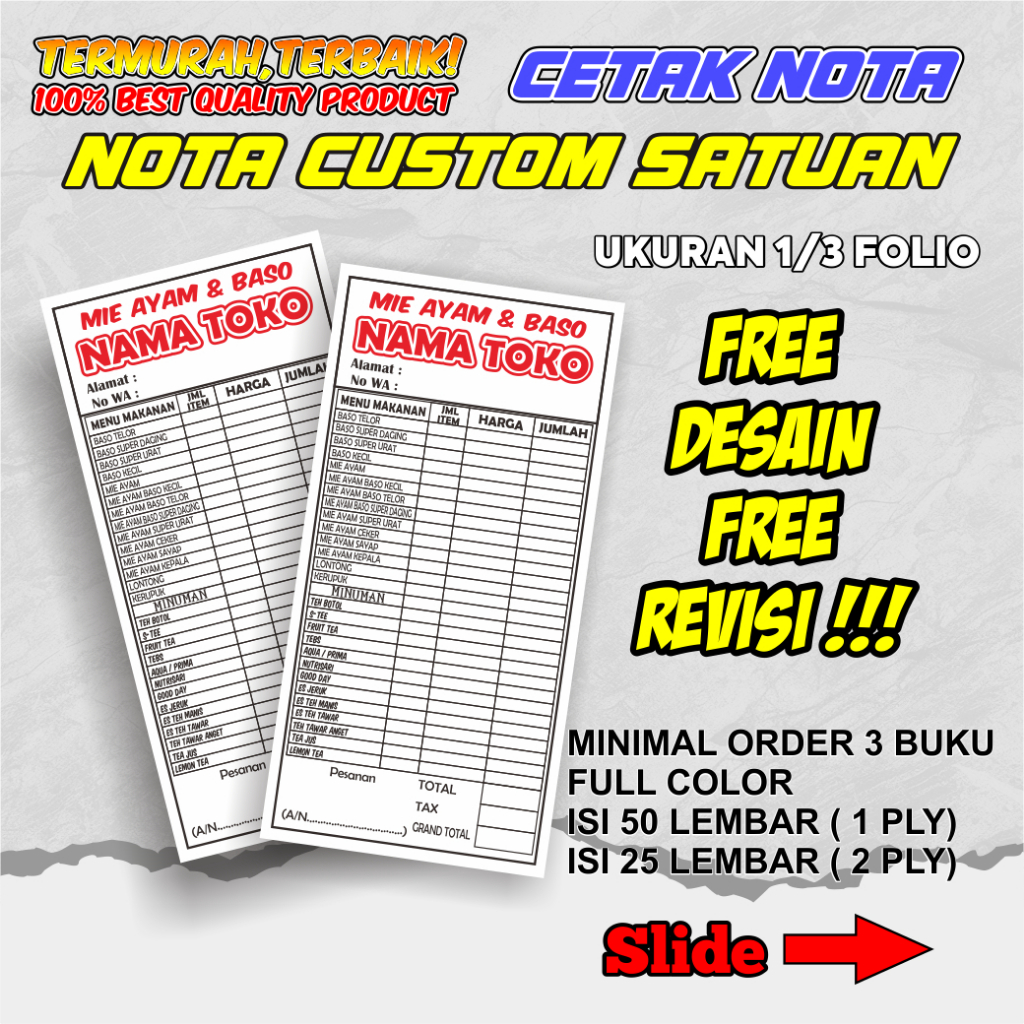 

Cetak Nota Custom Satuan Ukuran 1/3 Folio 1ply 2 ply / nota custom request nama toko sendiri