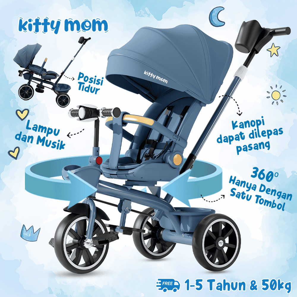 Kitty Mom - Sepeda Anak Roda 3 Bayi 1 Tahun Travelling Tricycle Multifungsi Bisa Putar Dan Berbaring