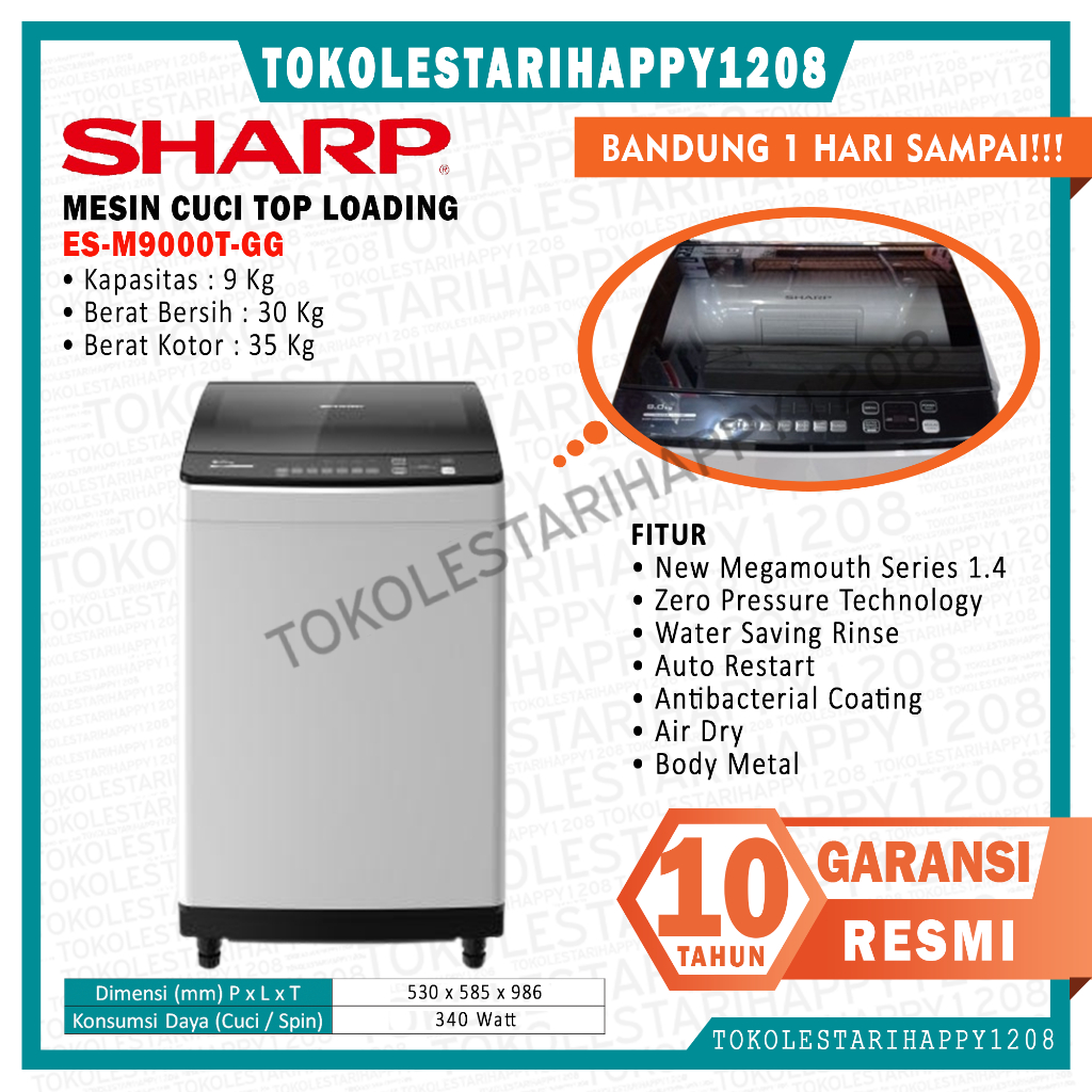 Mesin Cuci 1 Tabung Sharp 9 Kg Top Loading ES-M9000T-GG Murah Garansi Resmi