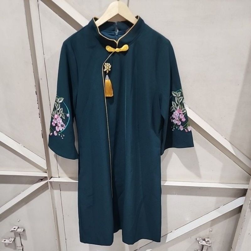 Dress cheongsam imlek premium hijau bordir wanita