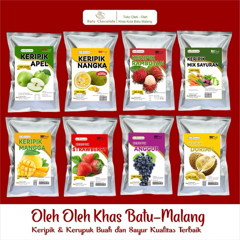 

Batu Chocolate Keripik Buah Apel Nangka isi 50 gram - Keripik Sayur - Kerupuk Strawbery Durian - Oleh oleh Khas Batu Malang