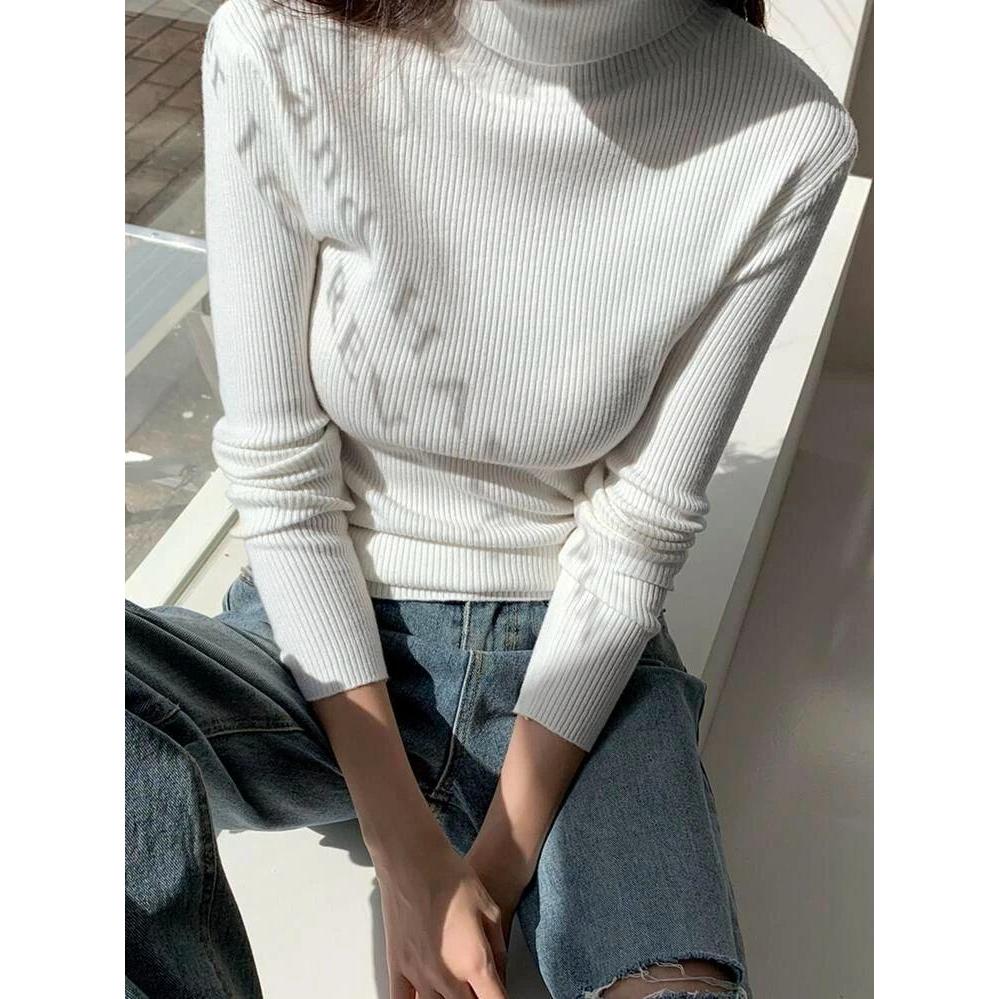 KAOS TURTLENECK LENGAN PANJANG WANITA / KAOS CEWEK BAHAN RAJUT/RIB / KAOS RAJUT PREMIUM LEHER TINNGI