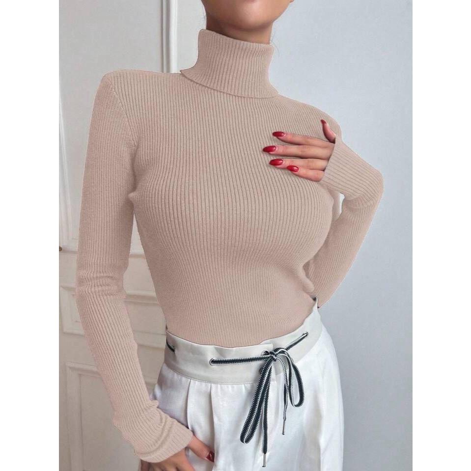 KAOS TURTLENECK LENGAN PANJANG WANITA / KAOS CEWEK BAHAN RAJUT/RIB / KAOS RAJUT PREMIUM LEHER TINNGI