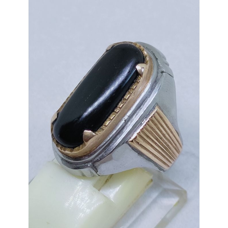 Cincin lawas batu akik black oval natural HQ black onyx kalimaya hitam vintage