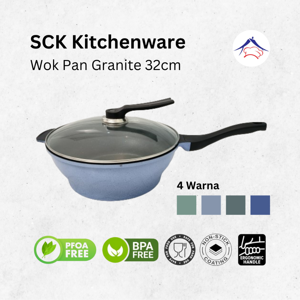 Wok Pan Granit Panci Anti Lengket Granite 30 cm dengan Tutup Kaca Tebal