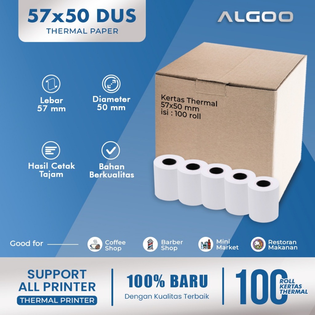 

ALGOO Kertas Thermal Struk Kasir 57x50 mm (KARTON) Isi 100 Roll