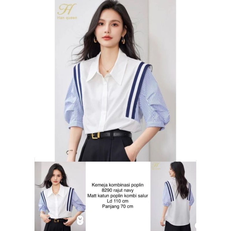 Kemeja Kombinasi Poplin Rajut Navy dan Matt Katun Poplin Kombinasi Salur 8290 - Atasan, Casual, Baju