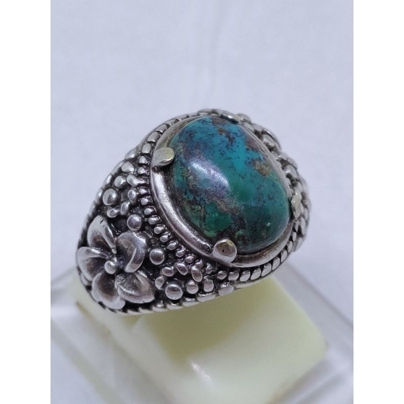 Pirus hijau natural ring cincin perak 925 bali ukir koleksi batu akik lawas vintage