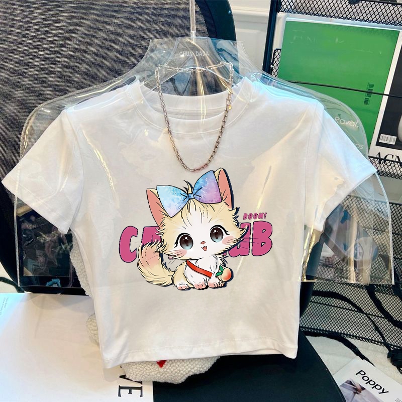 Forteid Kaos T-shirt Crop Top Lengan Pendek Baju Kaos Cat Print Crop Top Y2K Korean Style Baju Atasa