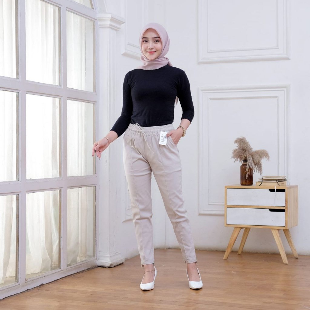 FARASKA - CELANA CHINO BAGGY PANTS WANITA KATUN MELAR ELASTIS JUMBO ELIZABETH PANTS SLIM FIT