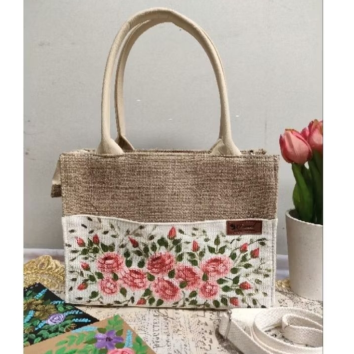 TAS SELEMPANG WANITA - TAS KANVAS WANITA - TAS  SELEMPANG LUKIS - RED ROSE - FIANOEL ART