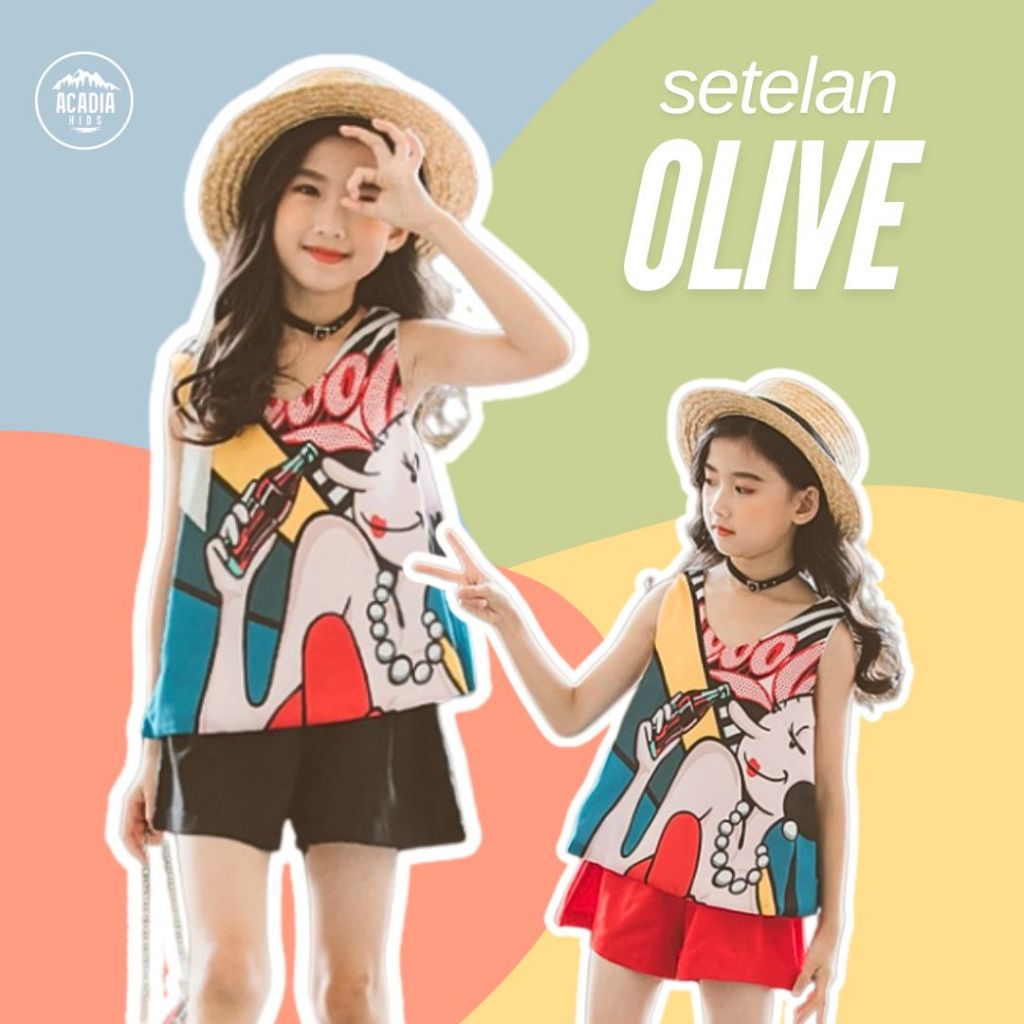Acadia Kids - Setelan Anak Perempuan Kaos Tanpa Lengan Motif Print Popeye set Celana Pendek OLIVE Pr