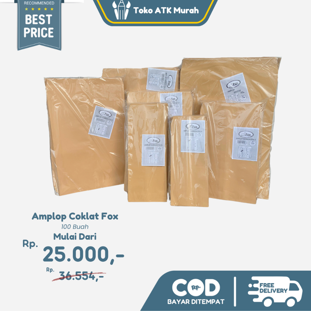 

Amplop Coklat / Samson Fox A (Kabinet) / Fox B (Super Kabinet) / Fox C (1/2 Folio) / Fox KW (Kwarto) / Fox D (Folio) / Fox E (Map) / Fox XL (Super Map) isi 100 Buah