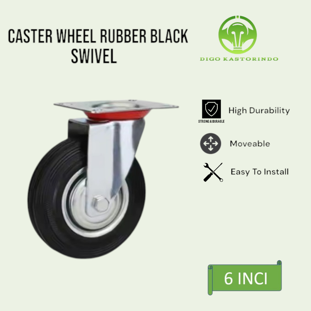 Roda Kastor Karet Hitam Hidup 6 Inci Caster Wheel Black Rubber Swivel