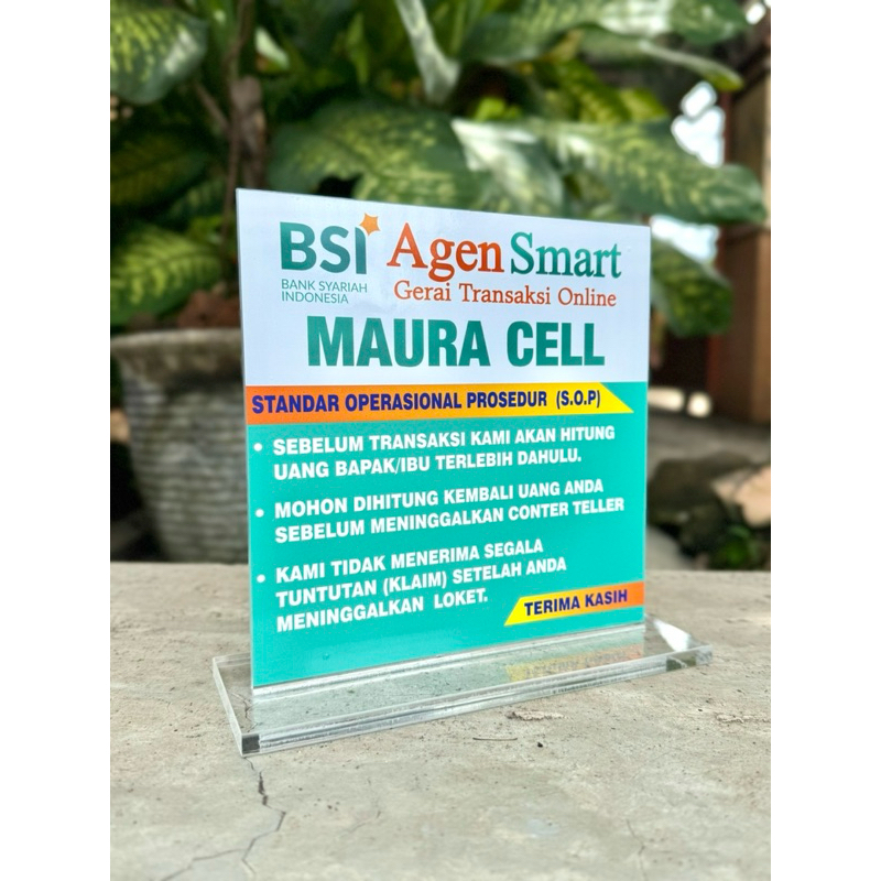 

AKRILIK MEJA AGEN BANK BSI BISA CUSTOM NAMA AGEN UKURAN 18x18cm BAHAN TEBAL