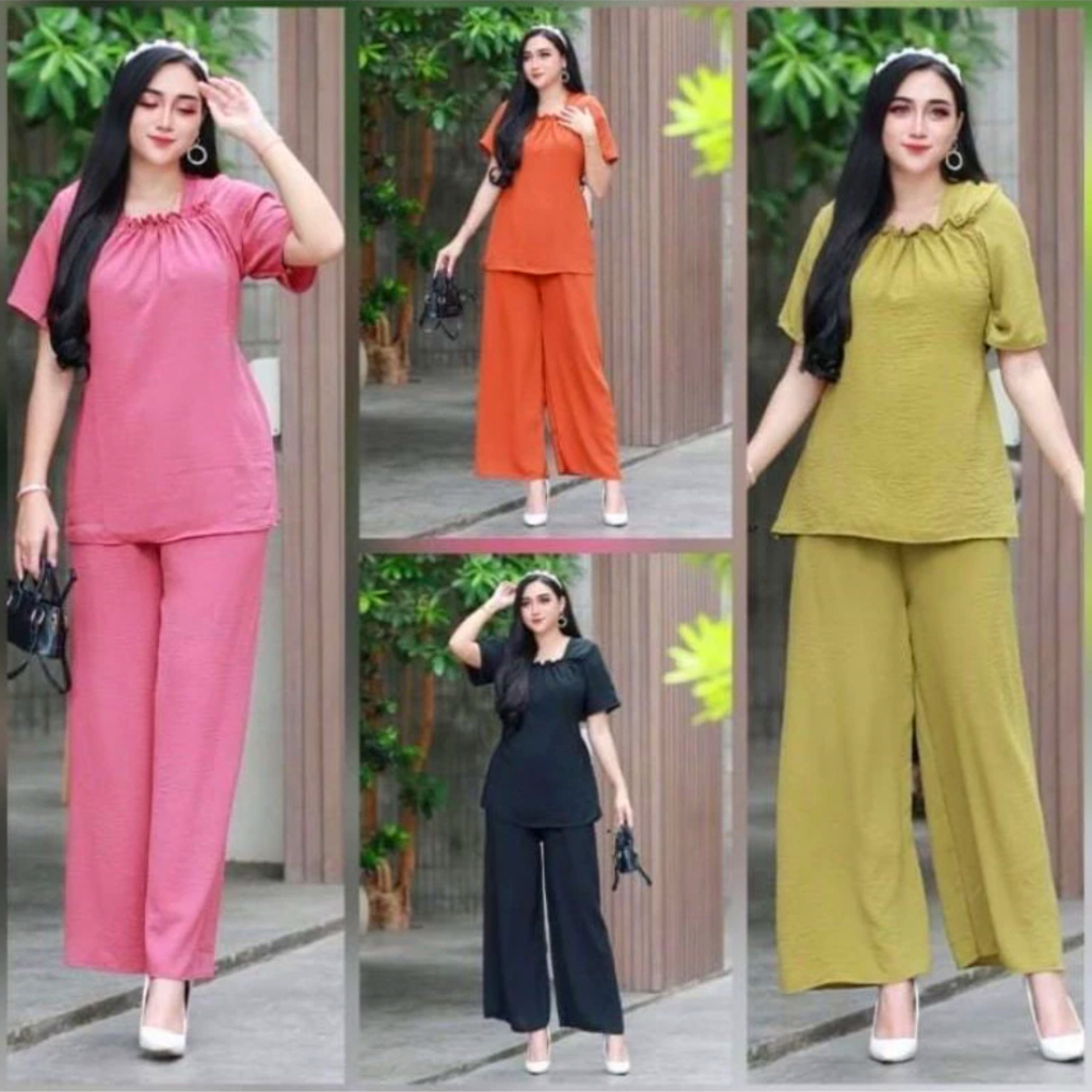 Fuji Baju Wanita One Set Kekinian Setelan Atasan Lengan Pendek dan Celana Panjang Bahan Katun Polos