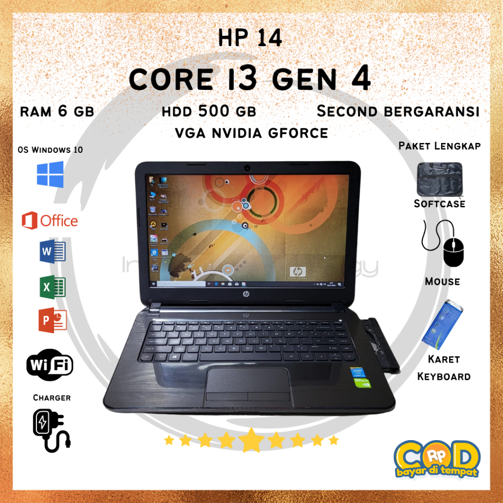 HP Core i3 Gen 4 Laptop 14 RAM 6 GB OS Windows 10 HDD 500GB VGA NVIDIA GeForce Second Bergaransi